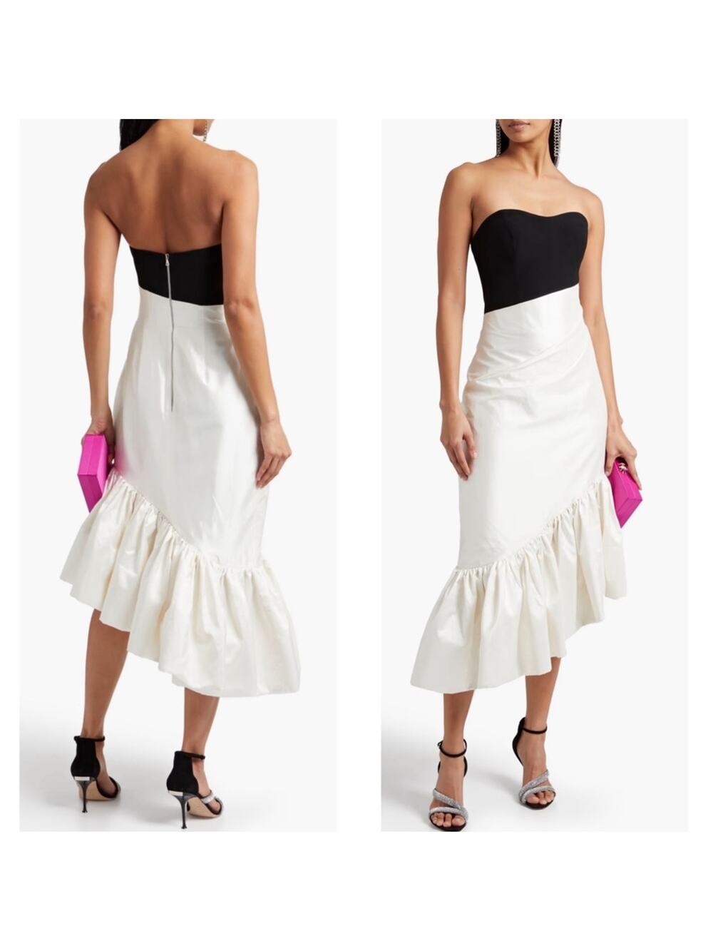 RASARIO Ruffled Silk Crepe Corset Strapless Two Tone Asymmetric Midi Dress Sz 4